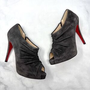 Christian Louboutin Trepoli Suede Ruched Open Toe Stiletto Heeled Ankle Boots 39